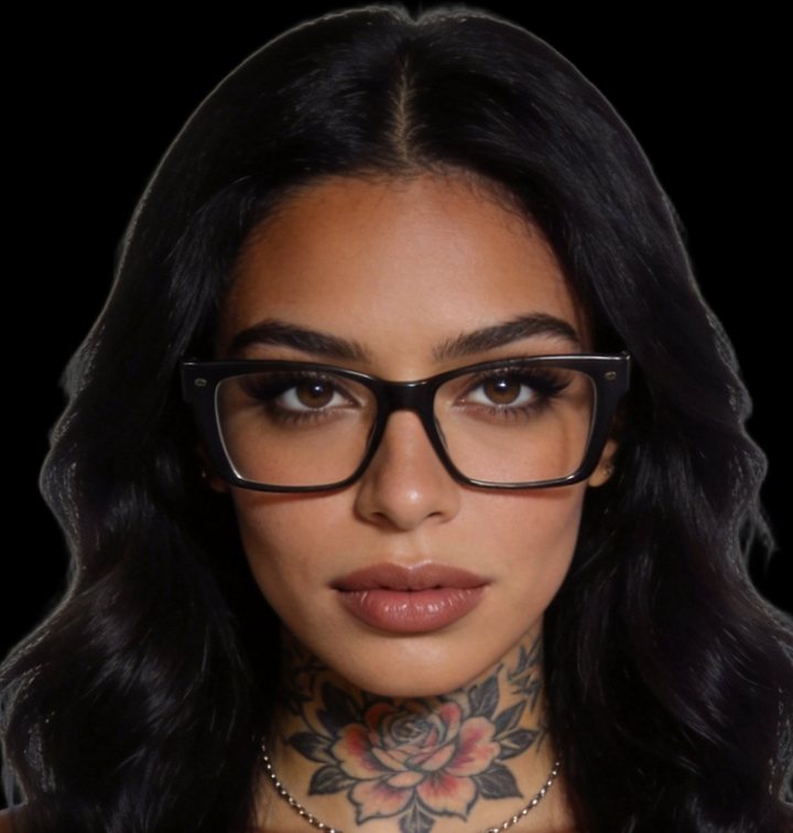 Portrait of Caye, an AI-generated character with long black hair, black rectangular glasses and a rose tattoo at her throat